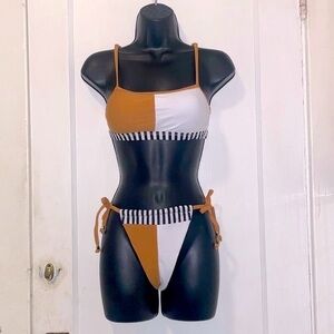 New Color Block & Stripes 2 Piece Bikini Swimsuit Set in Tan White Black, Large